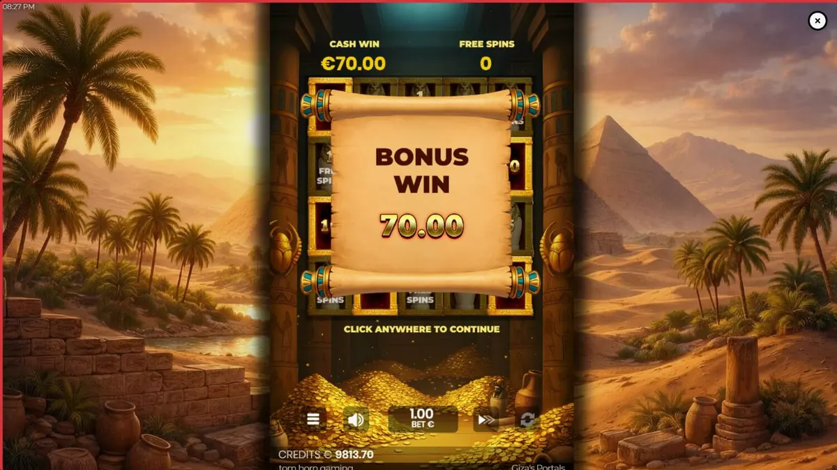 Interface do jogo de slot Giza’s Portals com pirâmides ao fundo