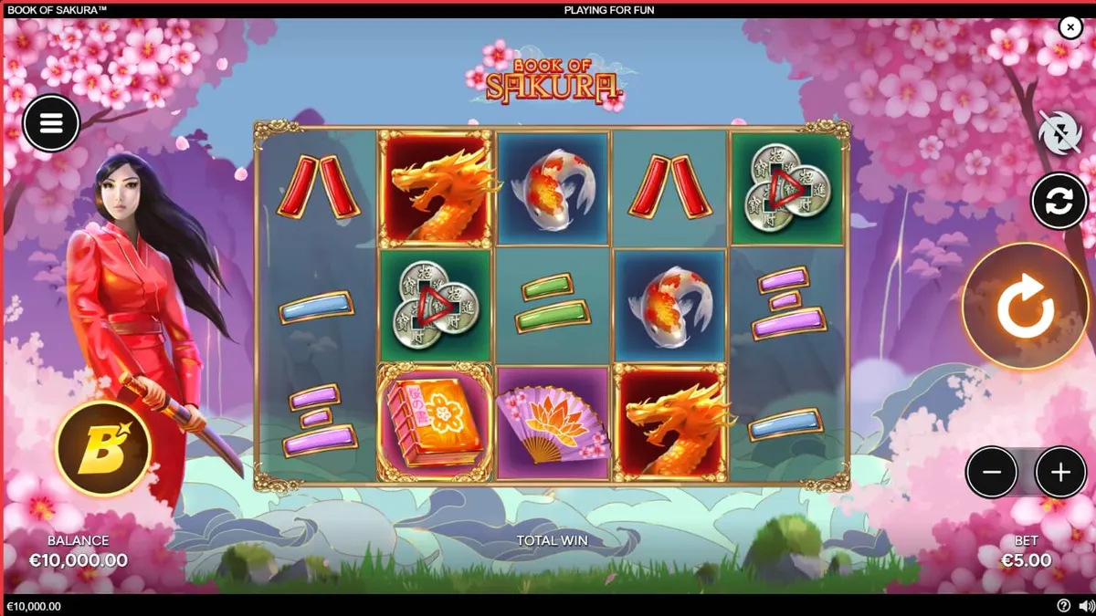 Tela principal do slot Book of Sakura com a guerreira e cerejeiras ao fundo